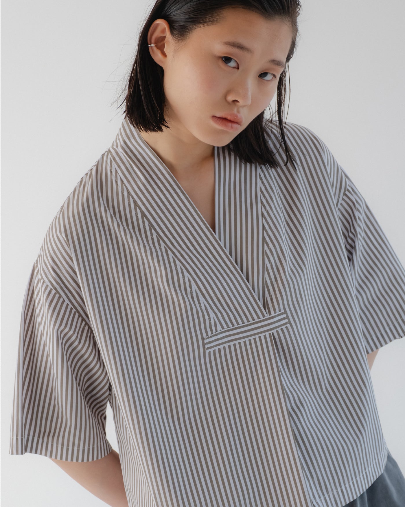 G.o.D Toku Top Poplin Stripe Mushroom